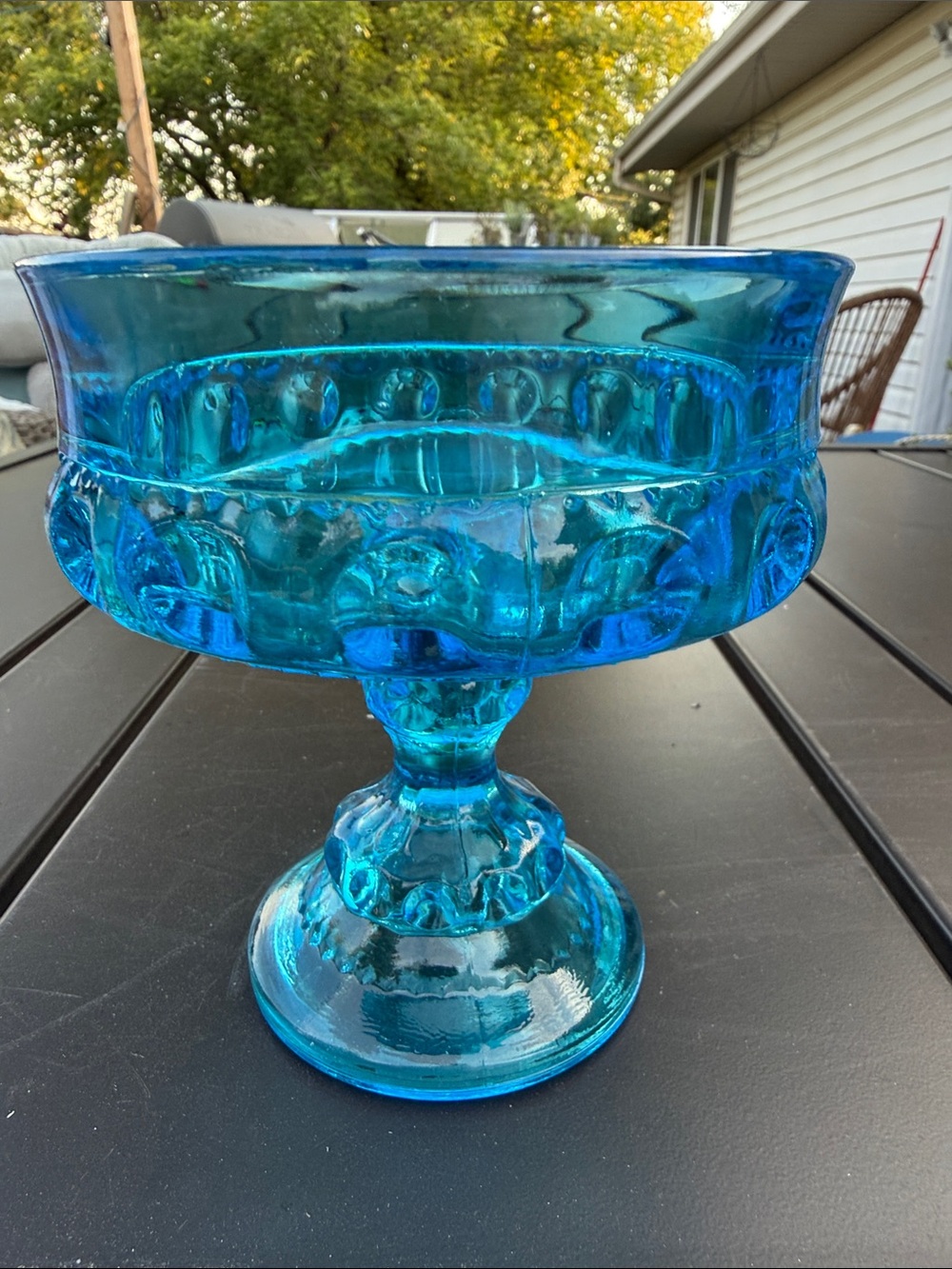 Vintage L.E. Smith "Moon and Star" Colonial Blue Glass Pedestal Compote Bowl